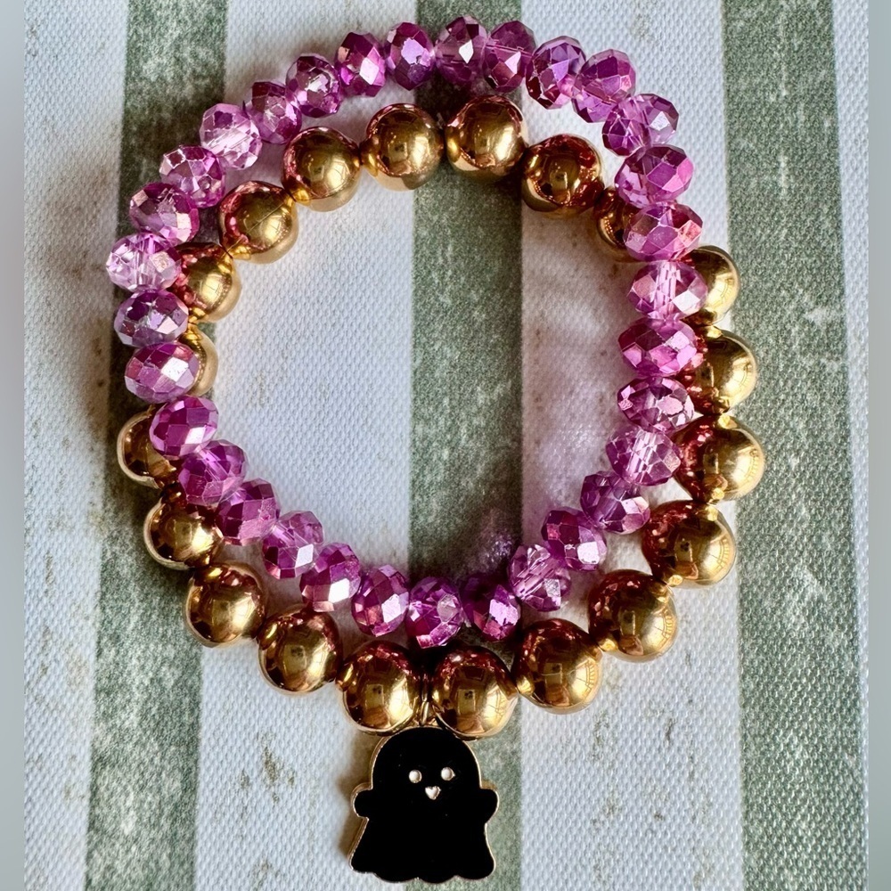 New Halloween Beaded Pink & Gold Tone Adult Size Bracelets w/ Ghost Charm - 8”